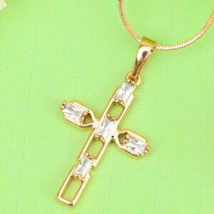 "Rose Gold Cross Pendant with Baguette-Cut White Stones Design, XPPT1607